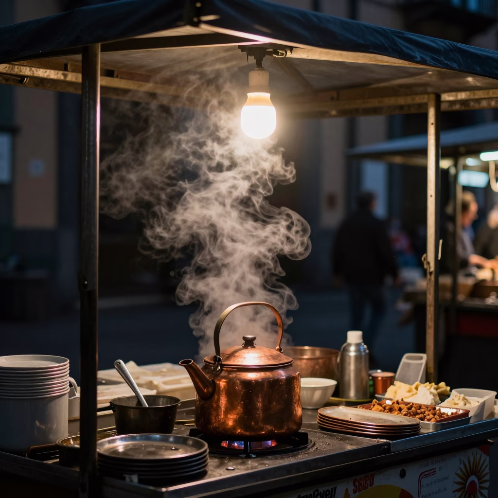 Neapolitan Night Market Stalls with Steam Haze and Tea Tin in Naples Italy in in Naples, Italy