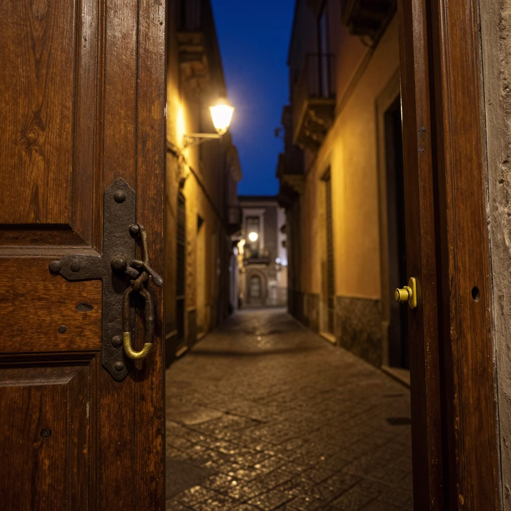 Neapolitan Night Scene with Iron Door Hardware and Wooden Flute Under Deep Sky in in Naples, Italy