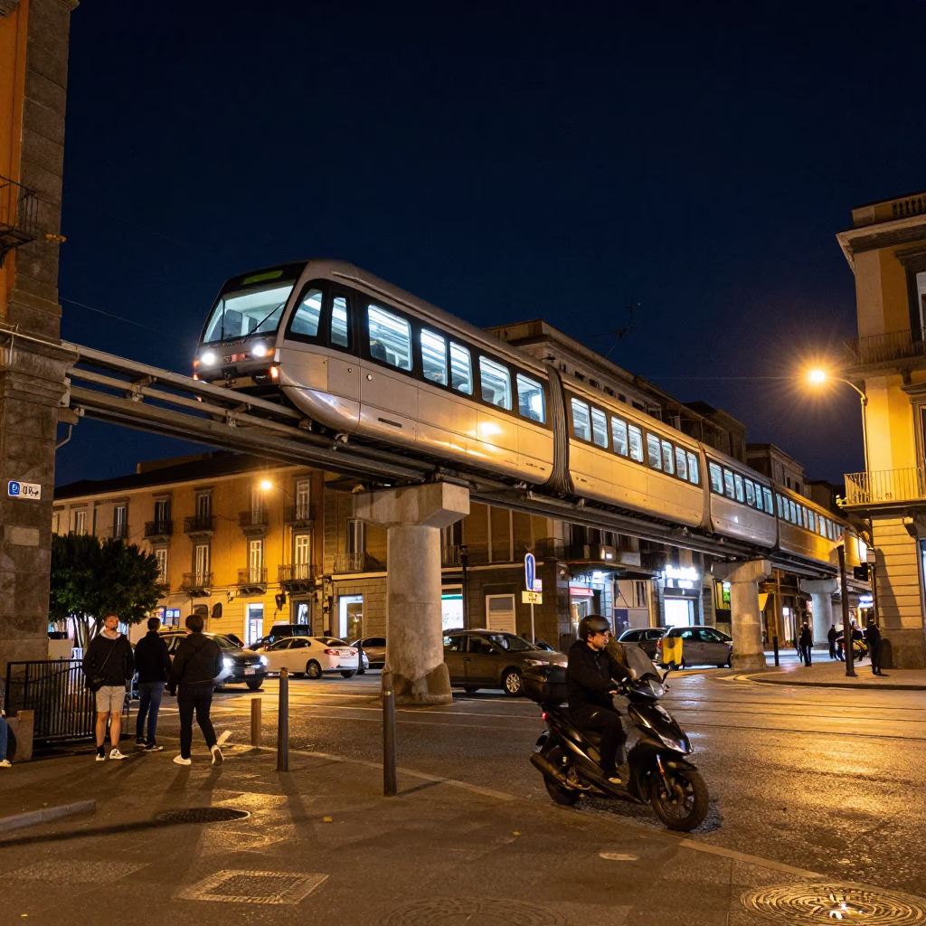 Neapolitan Night Street Scene with Monorail and Motorbike in Naples Italy in in Naples, Italy