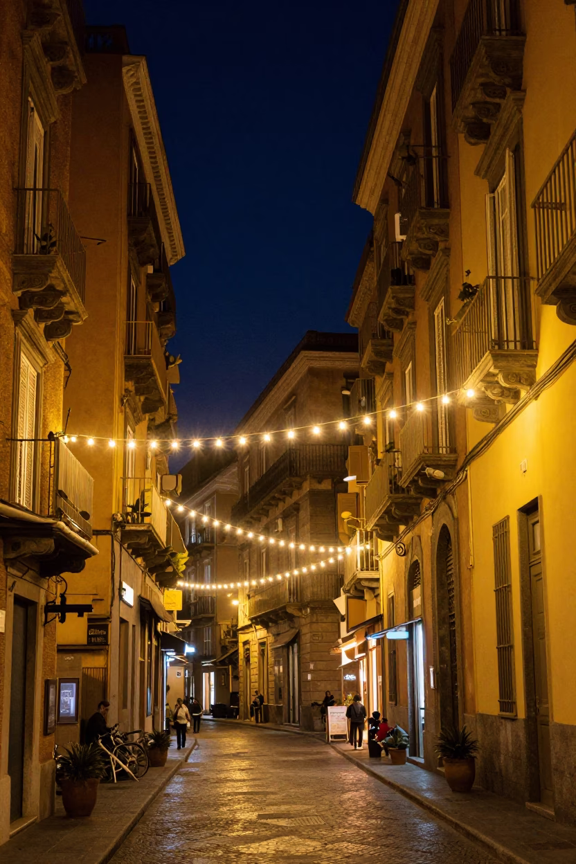 Neapolitan Night Street Scene with String Lights and Harbor View in in Naples, Italy