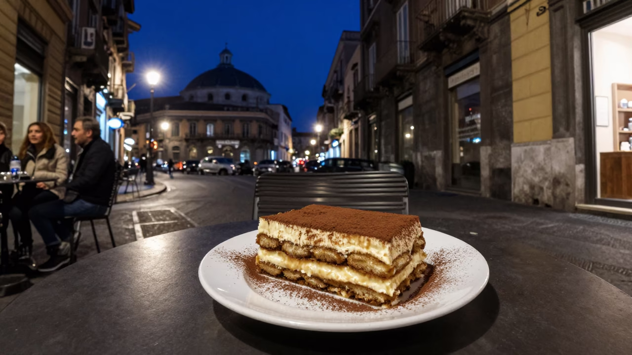 Neapolitan Night Street Scene with Tiramisu Plate and Steam Under Deep Night Sky in in Naples, Italy