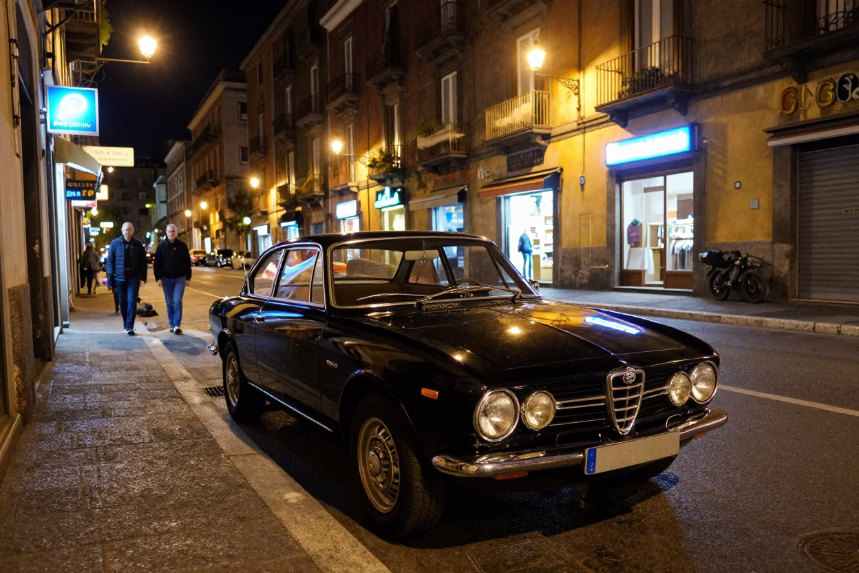 Neapolitan Nightlife Street Scene with Vintage Car and Neon Lights in in Naples, Italy