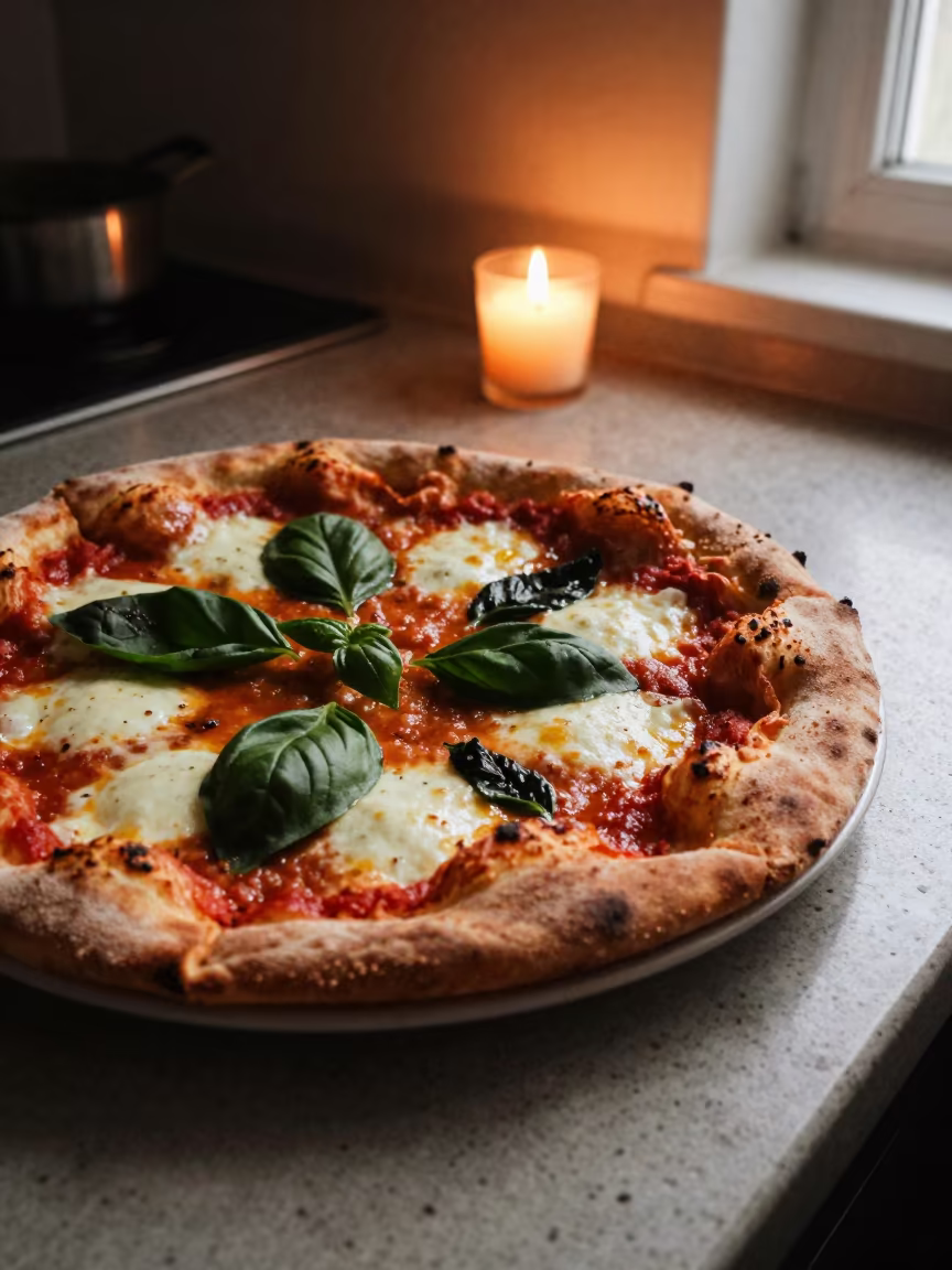 Neapolitan Pizza Basil Slice Night in on a kitchen worktop in Kastamonu