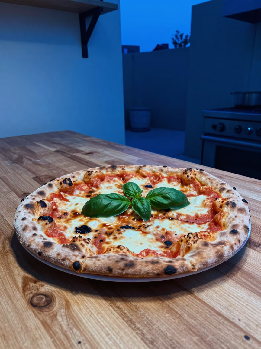 Neapolitan Pizza Slice Basil Ahvaz Twilight in on a kitchen worktop in Ahvaz