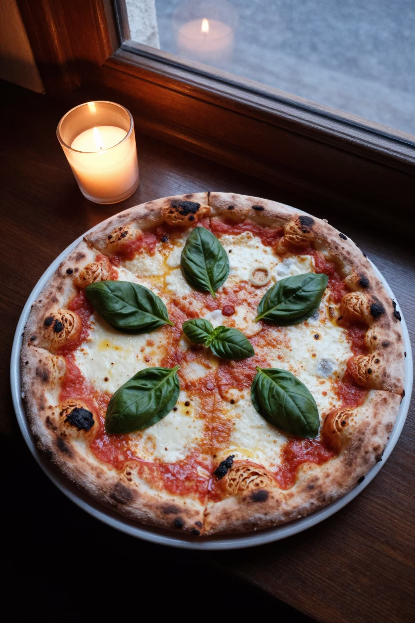 Neapolitan Pizza Slice Basil Plate Matamoros in on a ceramic plate by a window in Matamoros