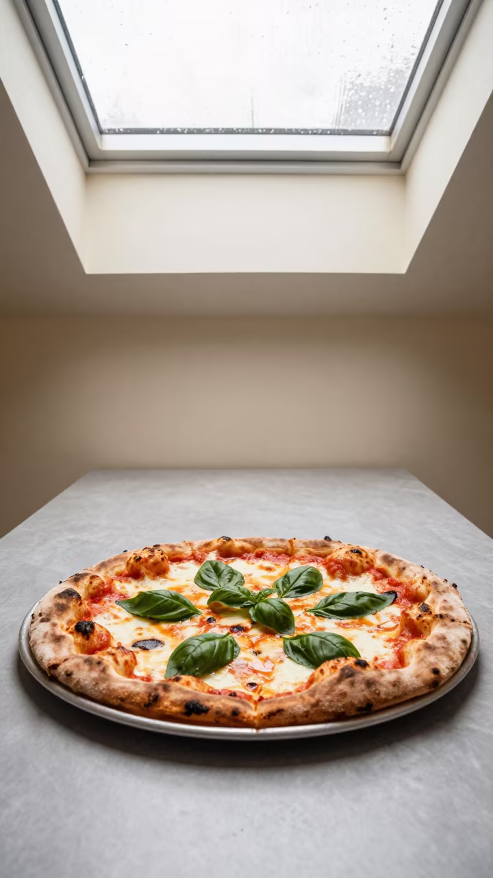 Neapolitan Pizza Slice with Fresh Basil on Tray in on a tea house tray in San Antonio