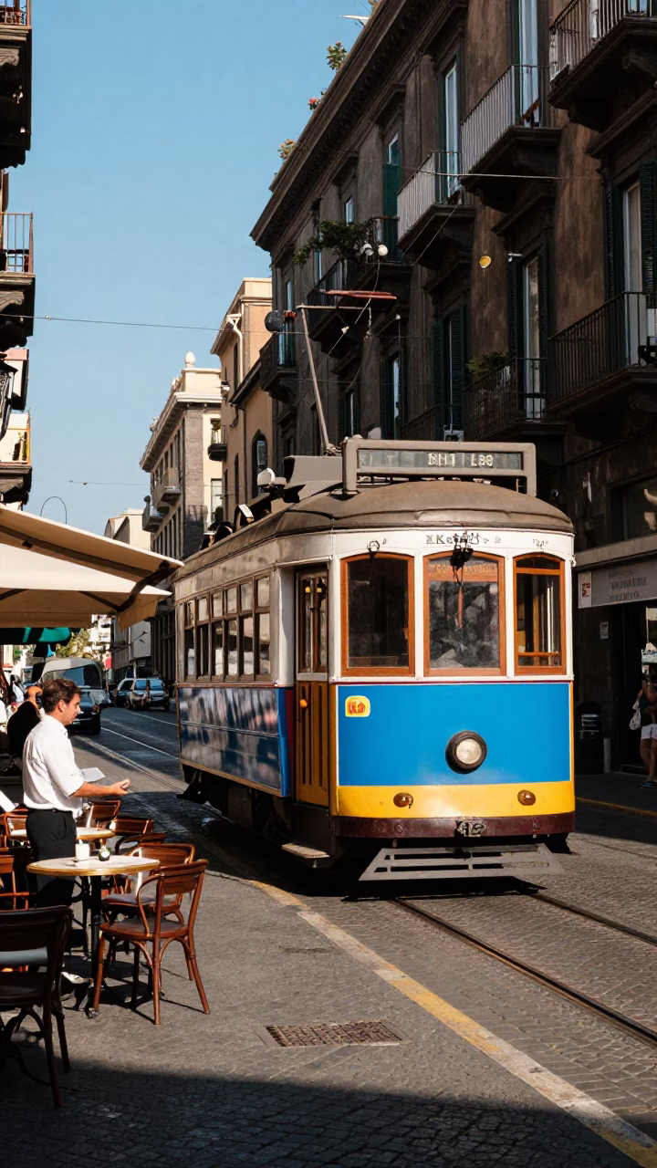 Neapolitan street corner with heritage tram and blue and white porcelain plate in in Naples, Italy