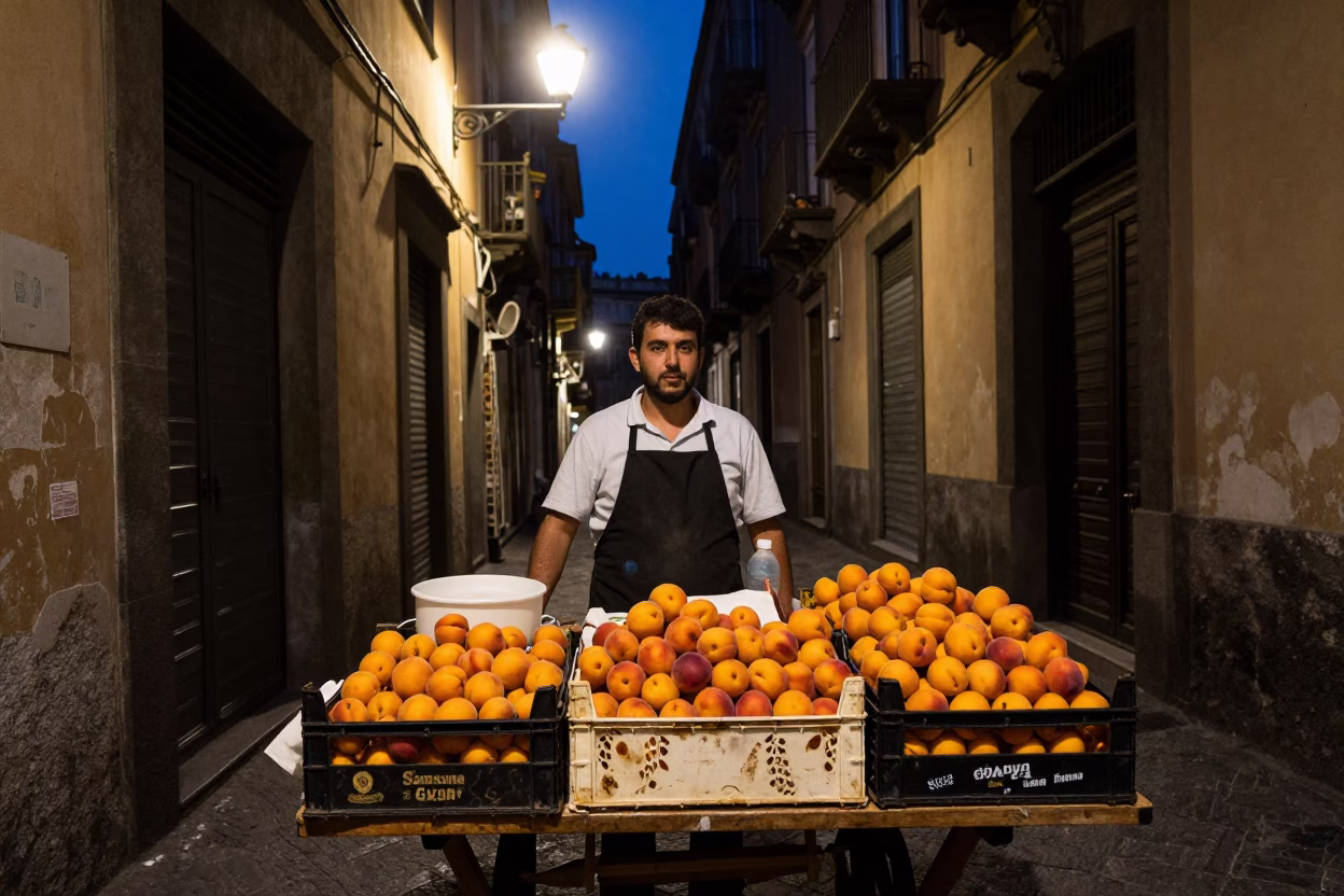Neapolitan Street Food Vendor Late Night with Apricots and Urban Life in in Naples, Italy
