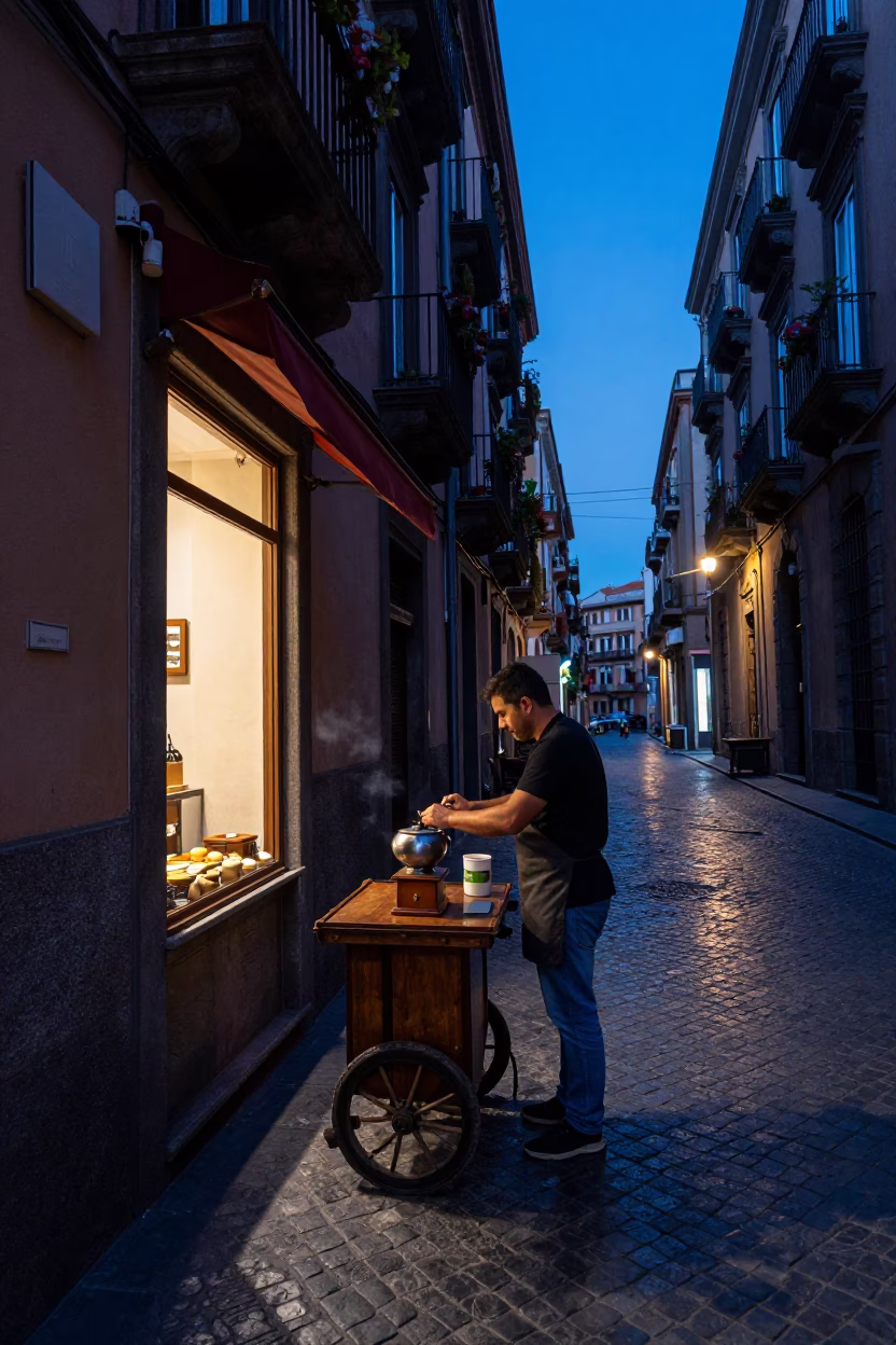 Neapolitan Street Scene at Indigo Twilight with Beaded Sandals and Coffee Grinder in in Naples, Italy