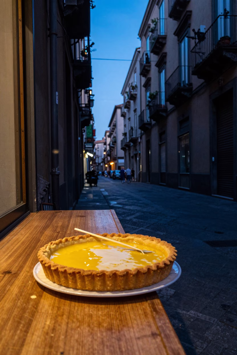 Neapolitan Street Scene at Indigo Twilight with Tart Tin and Wicker Shadow in in Naples, Italy