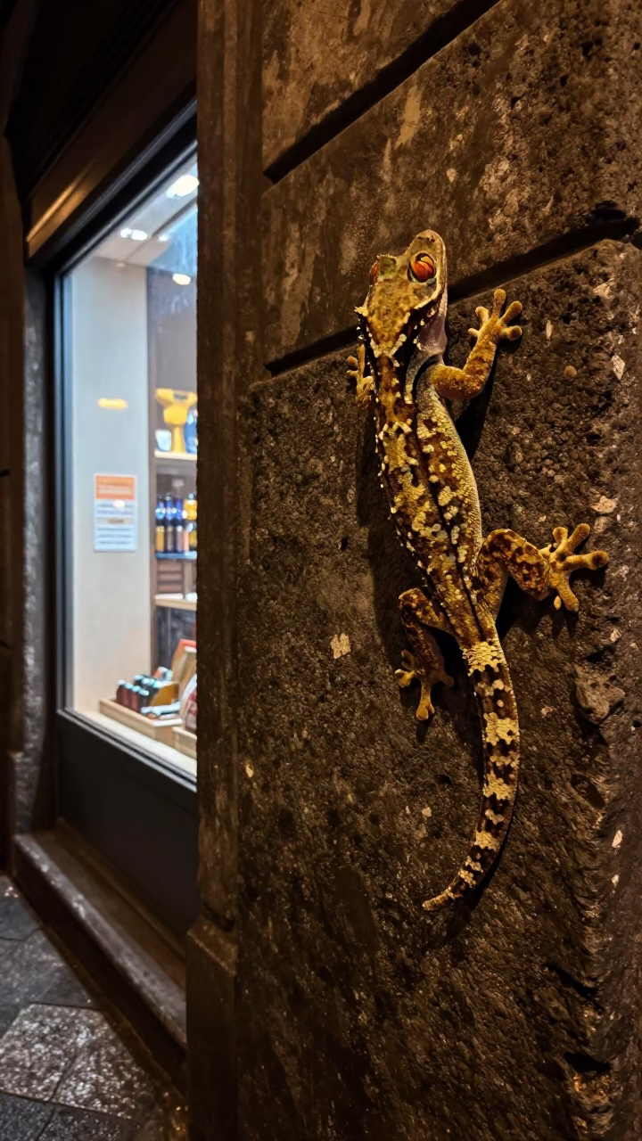 Neapolitan street scene at night with tokay gecko and dimly lit shop window in in Naples, Italy