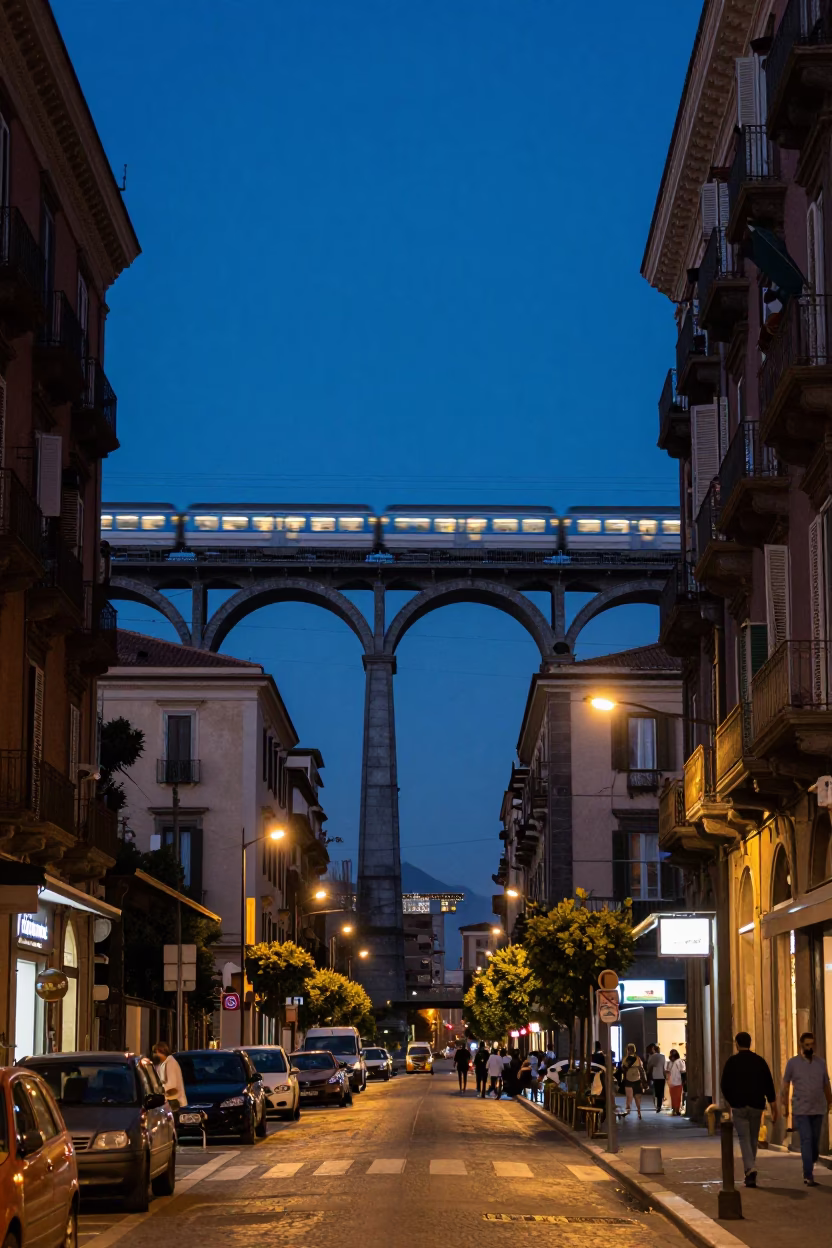 Neapolitan Twilight Street Scene with Train Viaduct and Local Life in in Naples, Italy