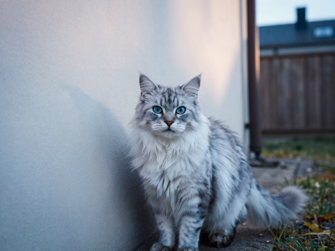 Nebelung Cat by Copenhagen Wall in Winter Dawn in beside a plain courtyard wall in clear daylight with the animal at eye level in Copenhagen