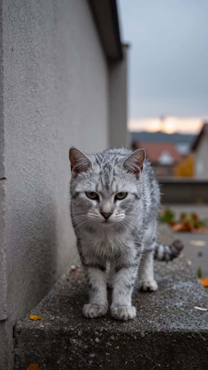 Nebelung Cat by Courtyard Wall in Late Autumn in beside a plain courtyard wall in clear daylight with the animal at eye level near Orsk