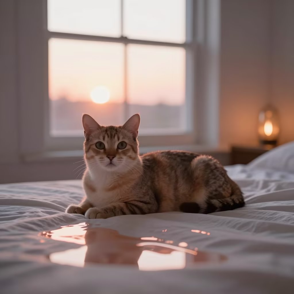 Nebelung Cat Lounging on Bedspread Near Window in on a bedspread near a bright window with calm indoor light near Wuhan