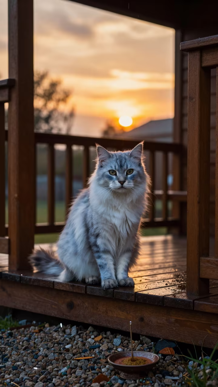 Nebelung Cat on Shaded Porch at Sunset in on a shaded front porch with boards, railings, and eye-level framing near Adama