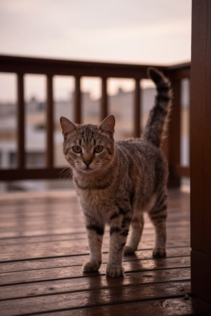 Nebelung Cat on Shaded Porch in Bnei Brak in on a shaded front porch with boards, railings, and eye-level framing near Bnei Brak