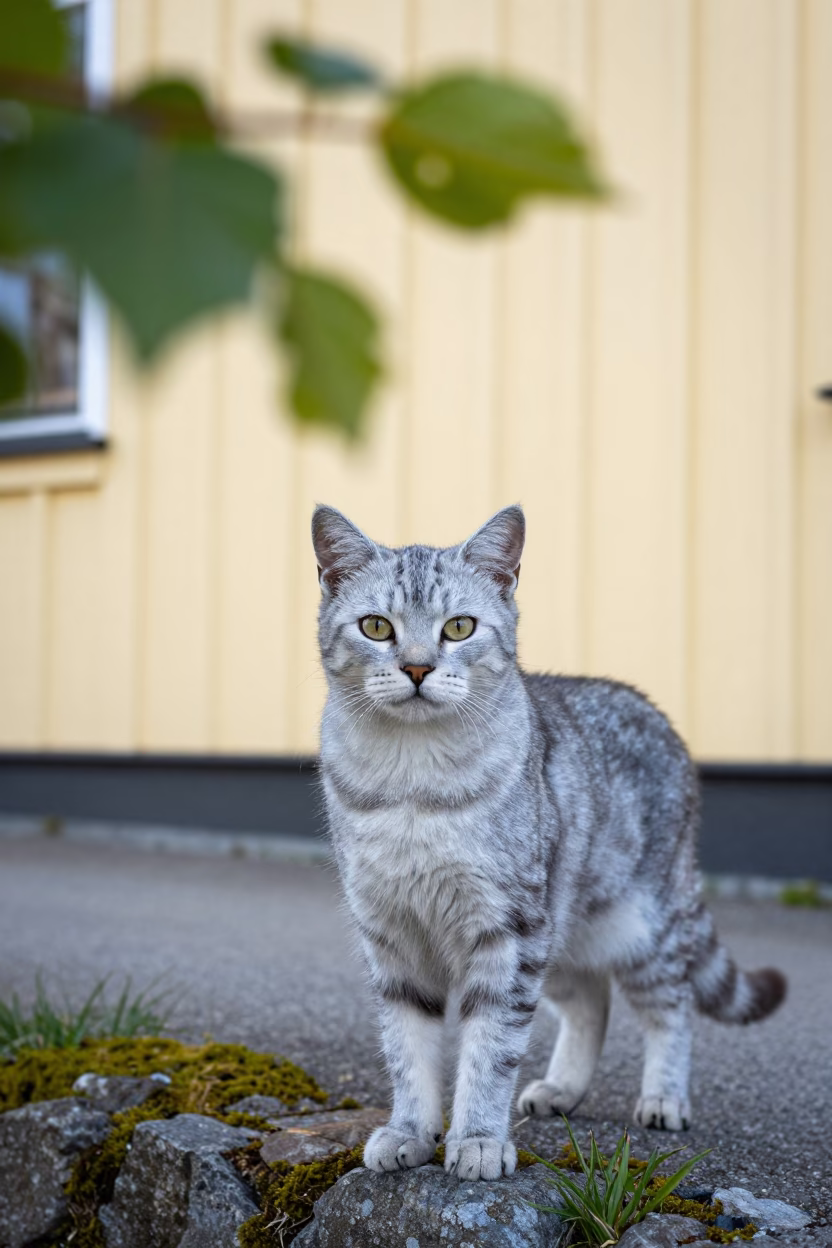 Nebelung Cat Portrait by Courtyard Wall in Stavanger in beside a plain courtyard wall in clear daylight with the animal at eye level in Stavanger