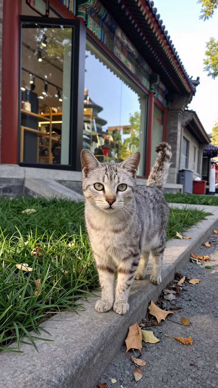 Nebelung Cat Portrait in Beijing Yard in in a small yard with clipped grass, calm light, and the animal centered in frame near Wangfujing, Beijing