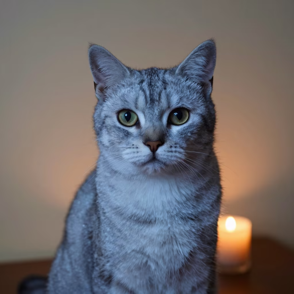 Nebelung Cat Portrait in Kuwait Night Light in beside a plain plaster wall in soft indoor light with the animal centered in frame in Kuwait City