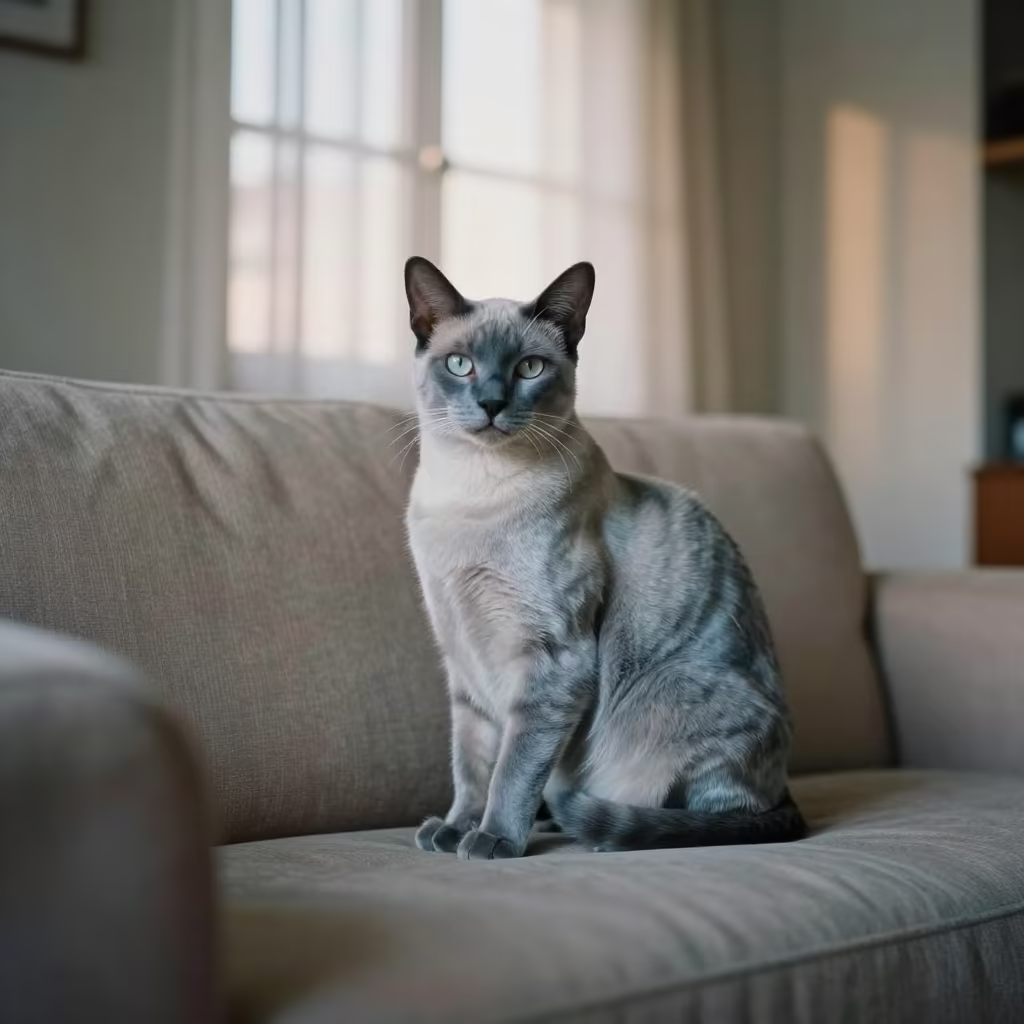 Nebelung Cat Portrait on Sofa Near Window in on a sofa near a curtained window with calm indoor light near Huancayo