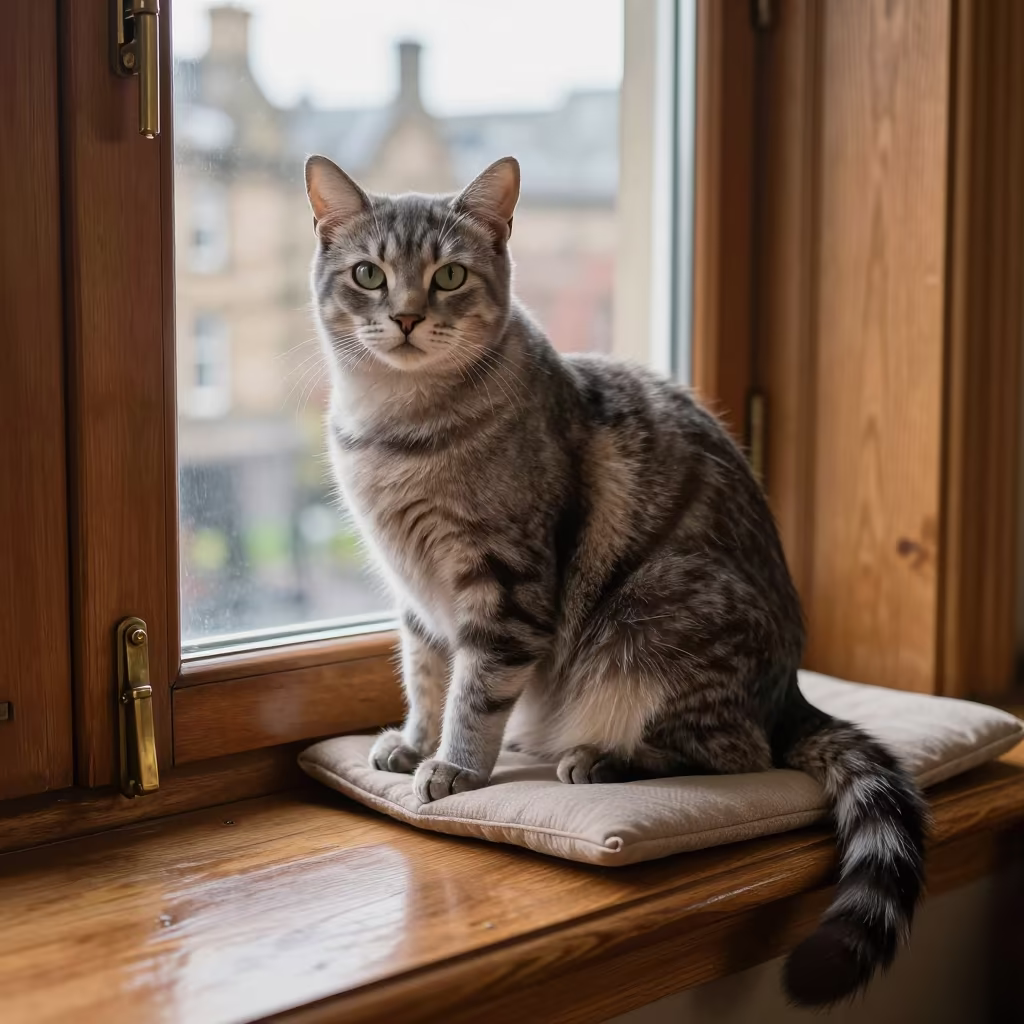 Nebelung Cat Portrait on Window Seat in Newcastle in on a cushioned window seat with soft side light and an uncluttered background in Newcastle upon Tyne
