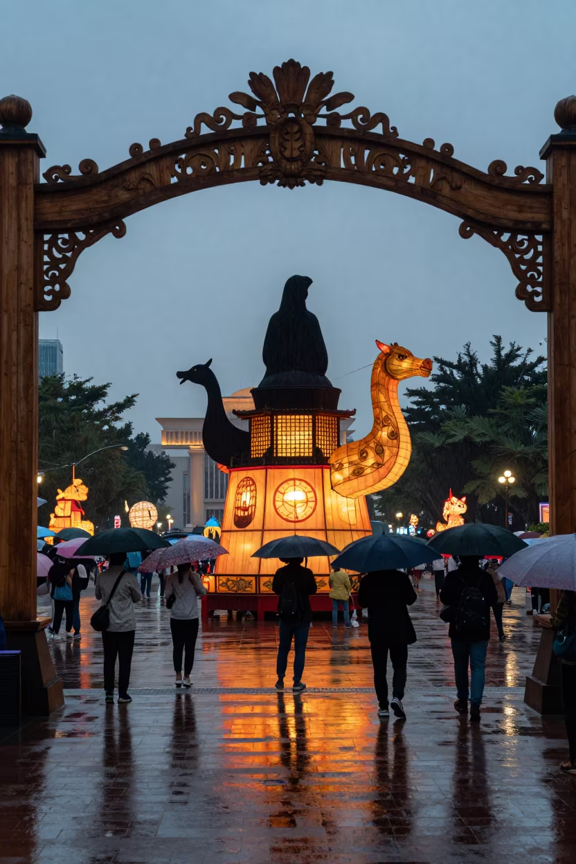Nebuta Festival Floats Silhouette in Tainan Square Rain in at a public square during a festival in Tainan