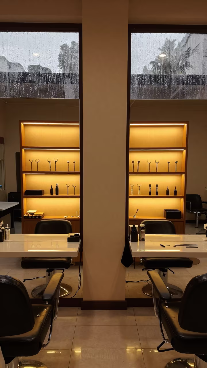 Neck Drape Shelf in Manila Beauty Salon in in a beauty supply area under white LEDs in Ermita, Manila