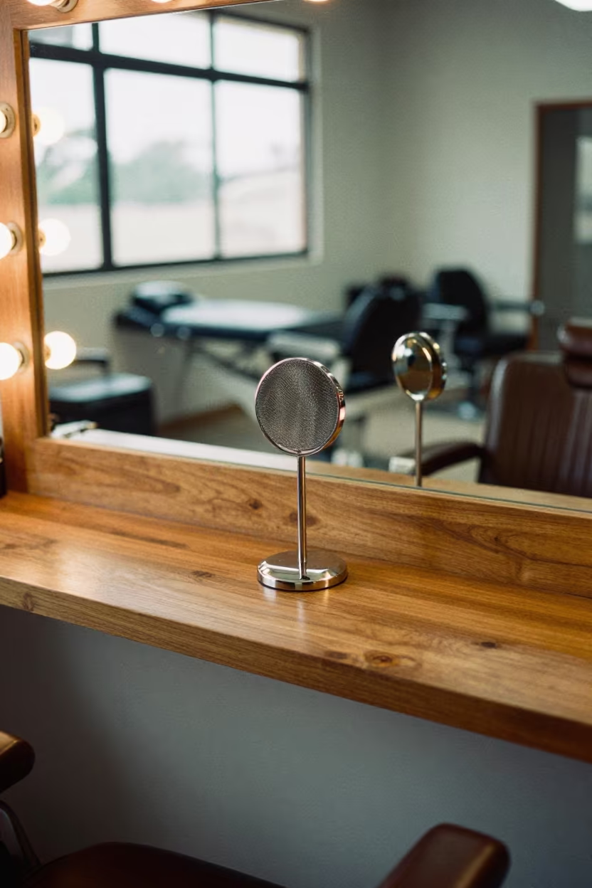 Neck Duster Caddy Mombasa Barber Station in at a barber station beneath mirror bulbs in Mombasa