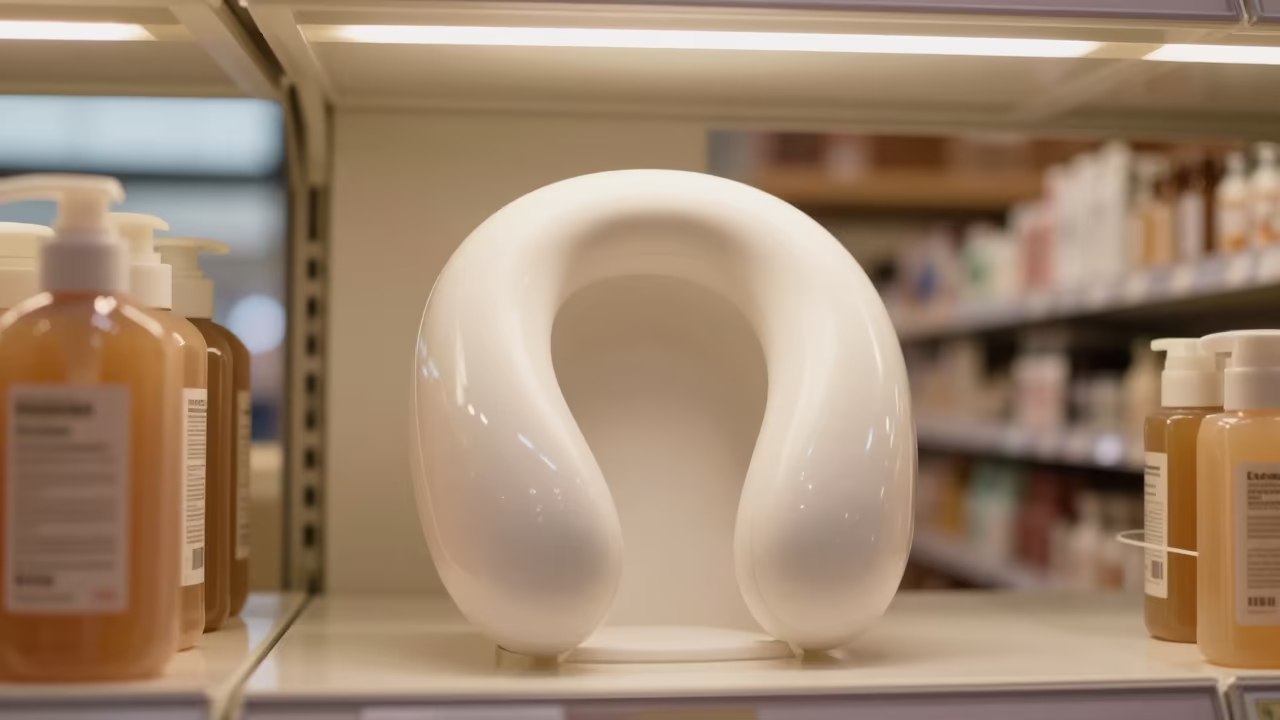 Neck Rest Rack in Evening Beauty Supply Store in in a beauty supply area under white LEDs near Mira-Bhayandar
