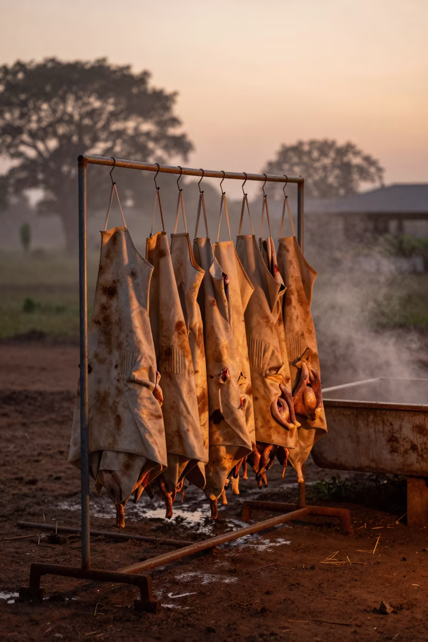 Necropsy Apron Rack at Sunset in Guinea in near a windbreak and water trough in Guinea