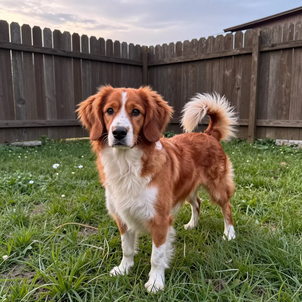 Nederlandse Kooikerhondje in Vera Yard in in a small yard with clipped grass, calm light, and the animal centered in frame in Vera, Tbilisi