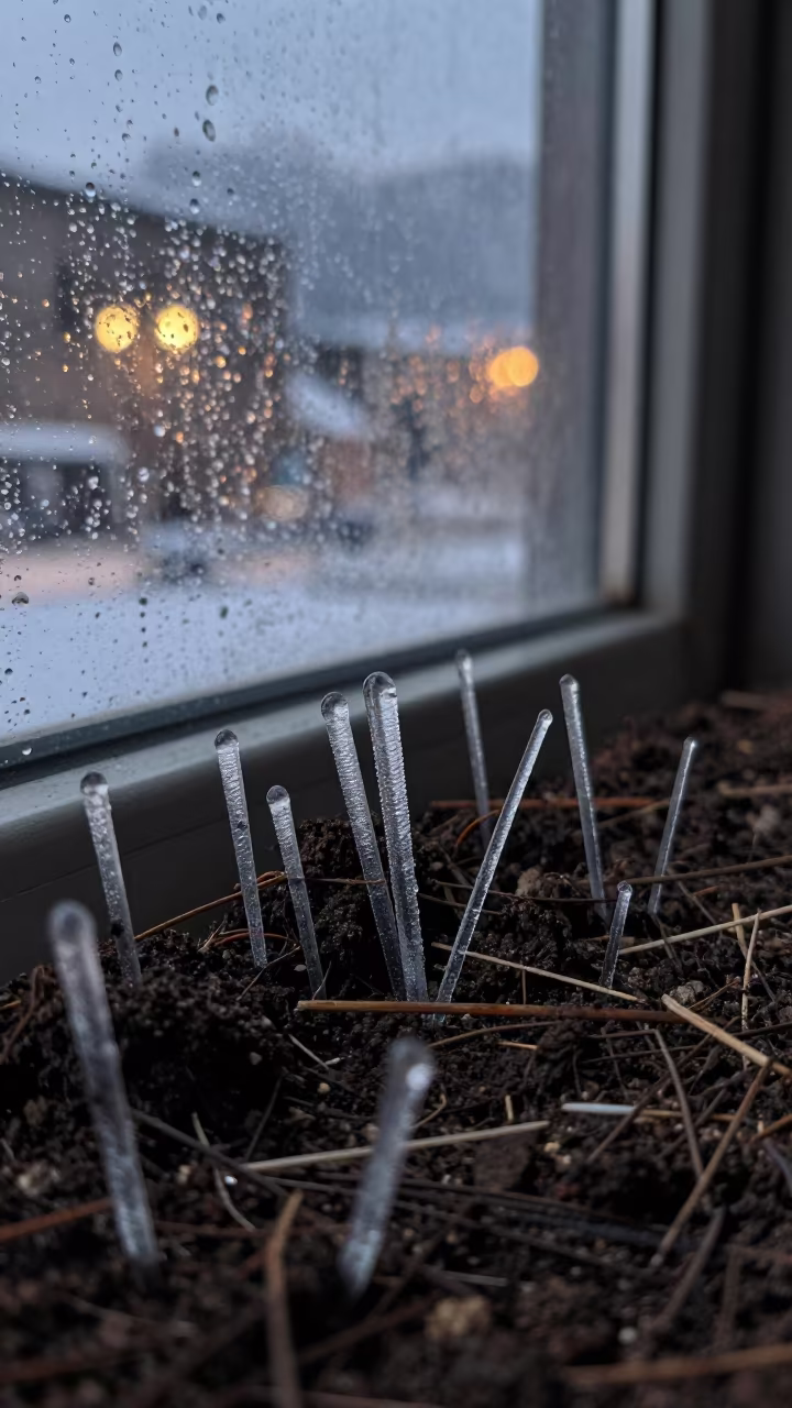 Needle Ice Through Frozen Soil Macro in along a frost-edged windowpane in Sapporo
