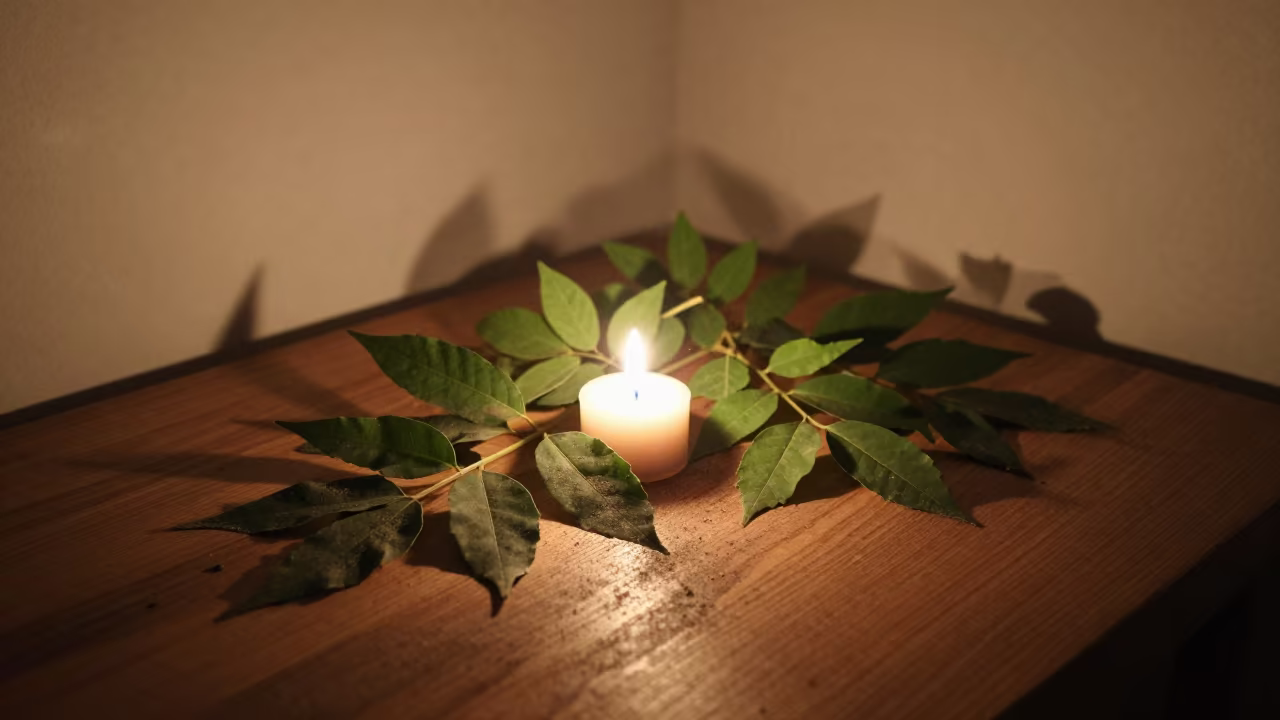 Neem Leaves on Dusty Table Candlelight in on a dusty library table near Jinan
