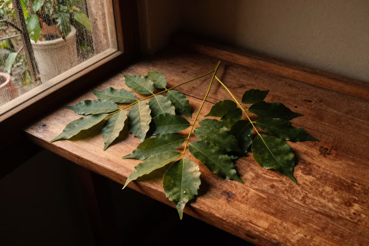 Neem Leaves on Oaxaca Shelf in Golden Rainy Hour in on a workshop shelf in Oaxaca