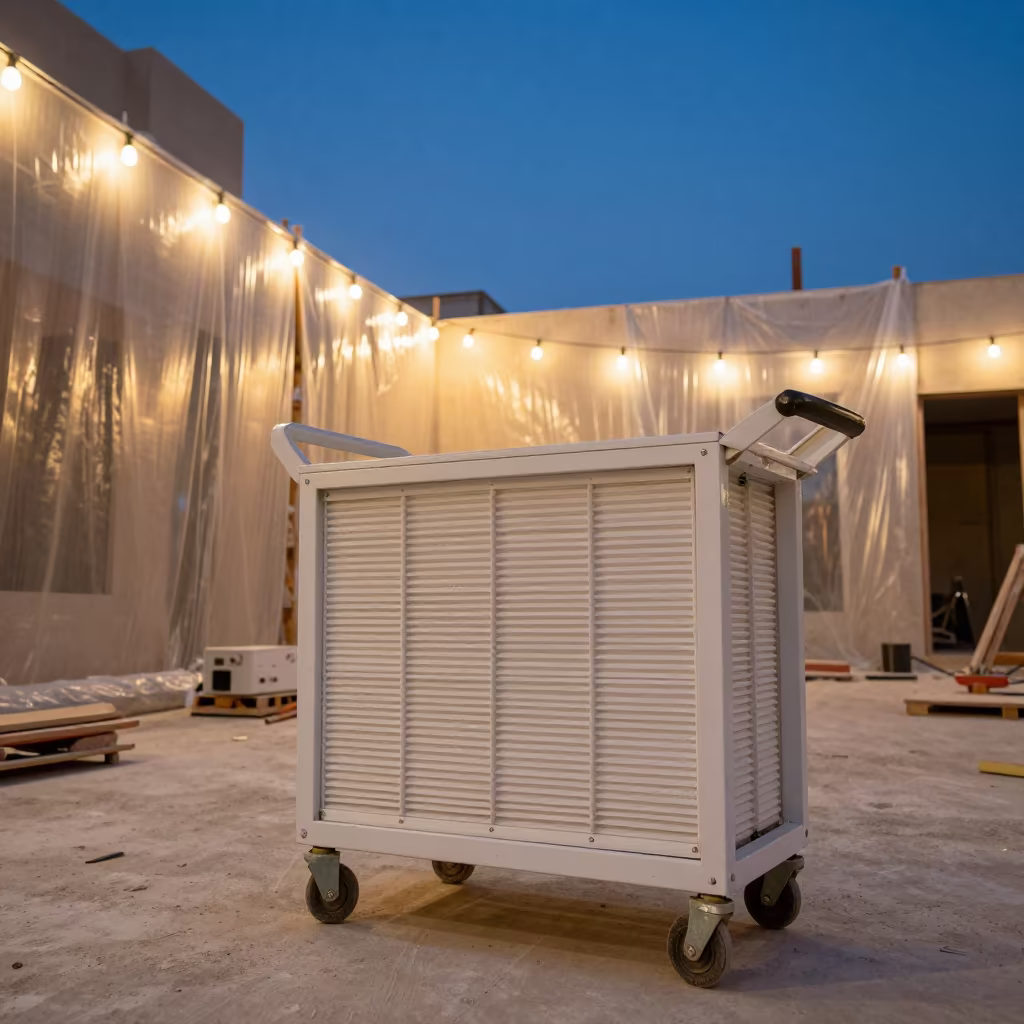 Negative Air Filter Cart Before Renovation Work in in a renovation zone under temporary light in Kuwait City
