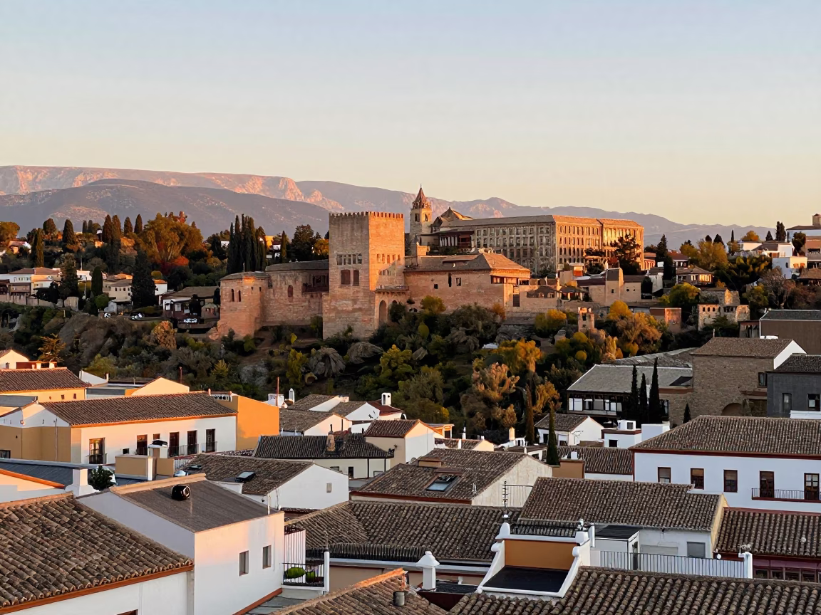Neighborhood Rooftops in Granada at As First Light Reaches The Scene in in Granada, Spain