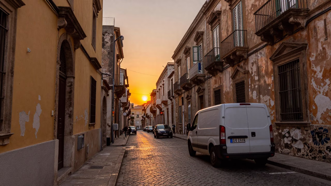 Neighborhood Street in Palermo at As The Sun Drops Toward The Horizon in in Palermo, Italy