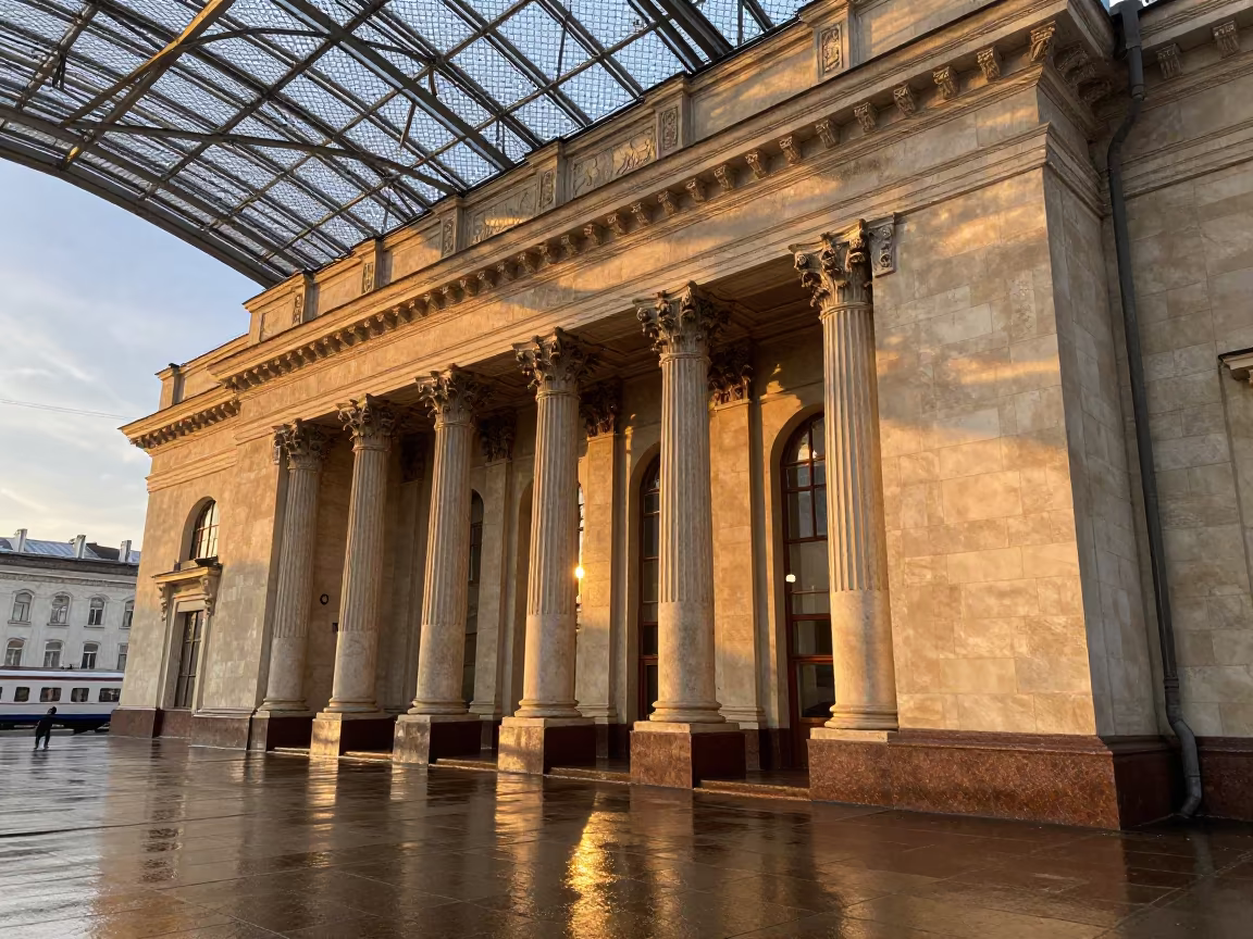 Neoclassical Bank Columns in Samara Train Terminal in inside a restored train terminal near Samara