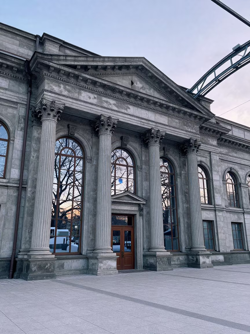 Neoclassical Bank Columns Inside Winter Train Terminal in inside a restored train terminal in Opole