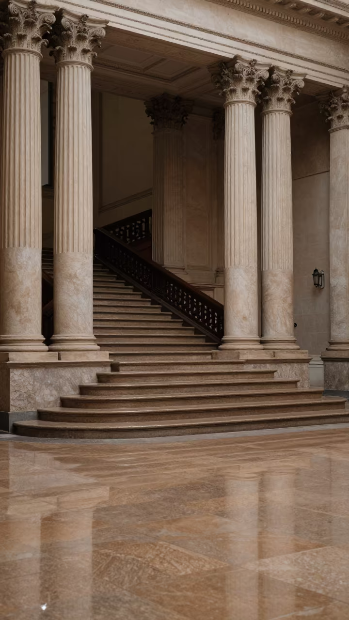 Neoclassical Bank Hall With Corinthian Columns in inside a tiled stair hall in Lira