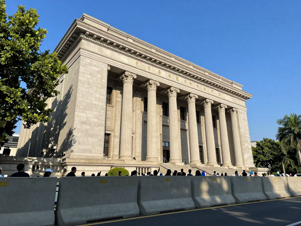 Neoclassical Courthouse Columns Under Late Afternoon Sun in along barricaded protest routes near Suzhou