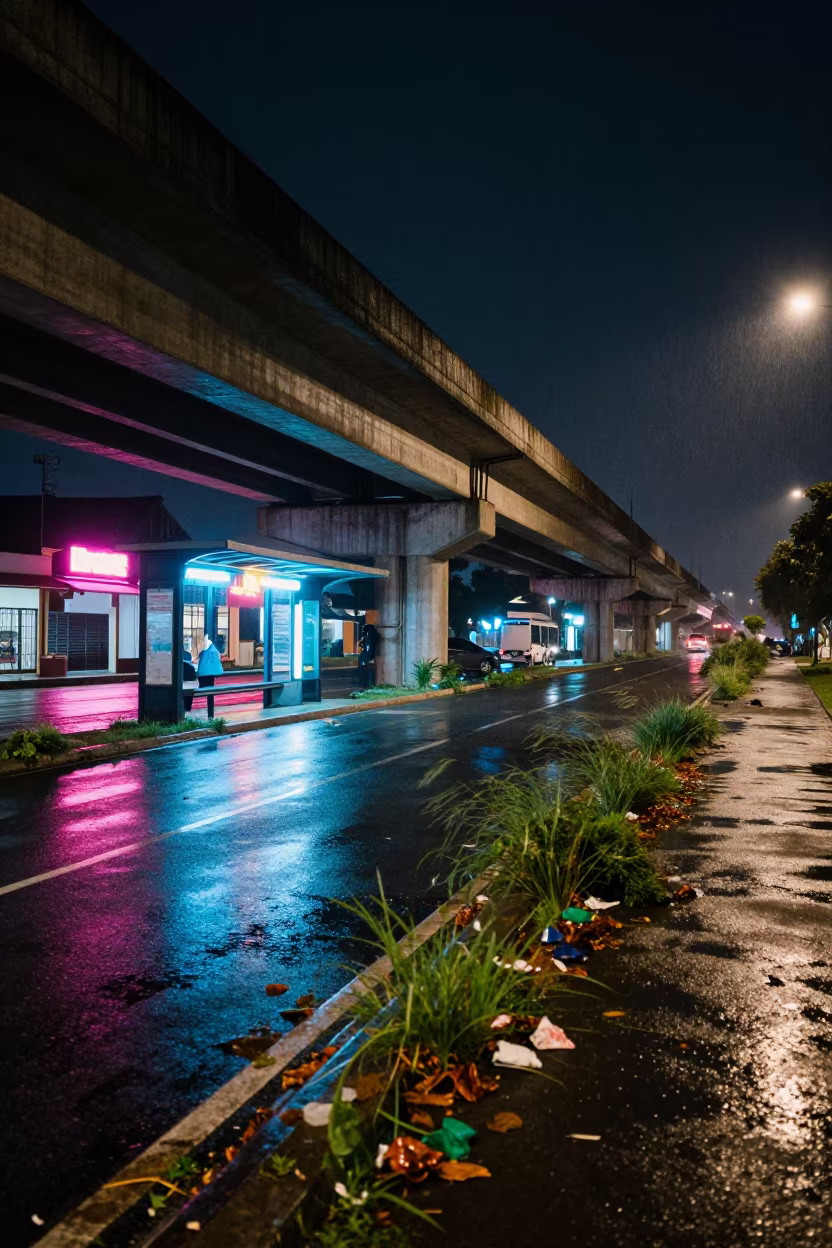 Neon Lit Abandoned Overpass at Bouaflé Tram Stop in at a tram stop in Bouaflé