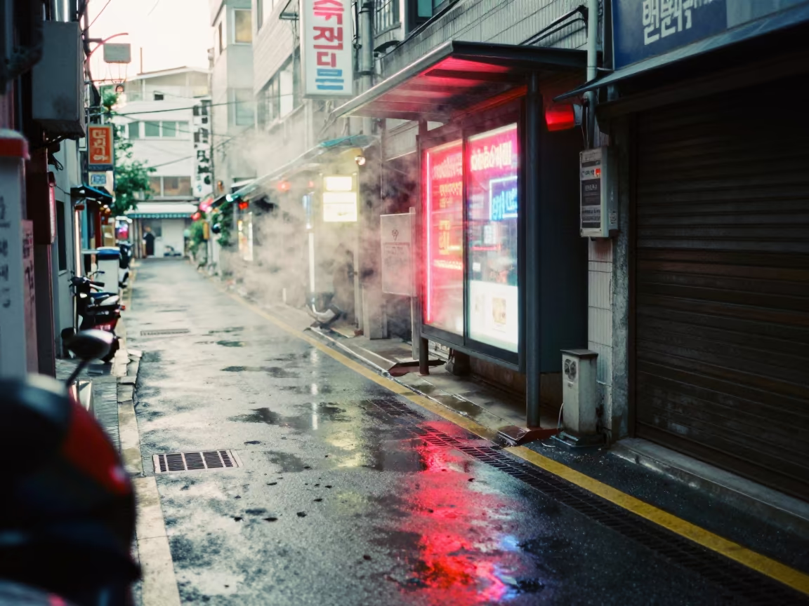 Neon Alley Steam Daegu Midmorning in beside a steamed-up bus shelter in Daegu
