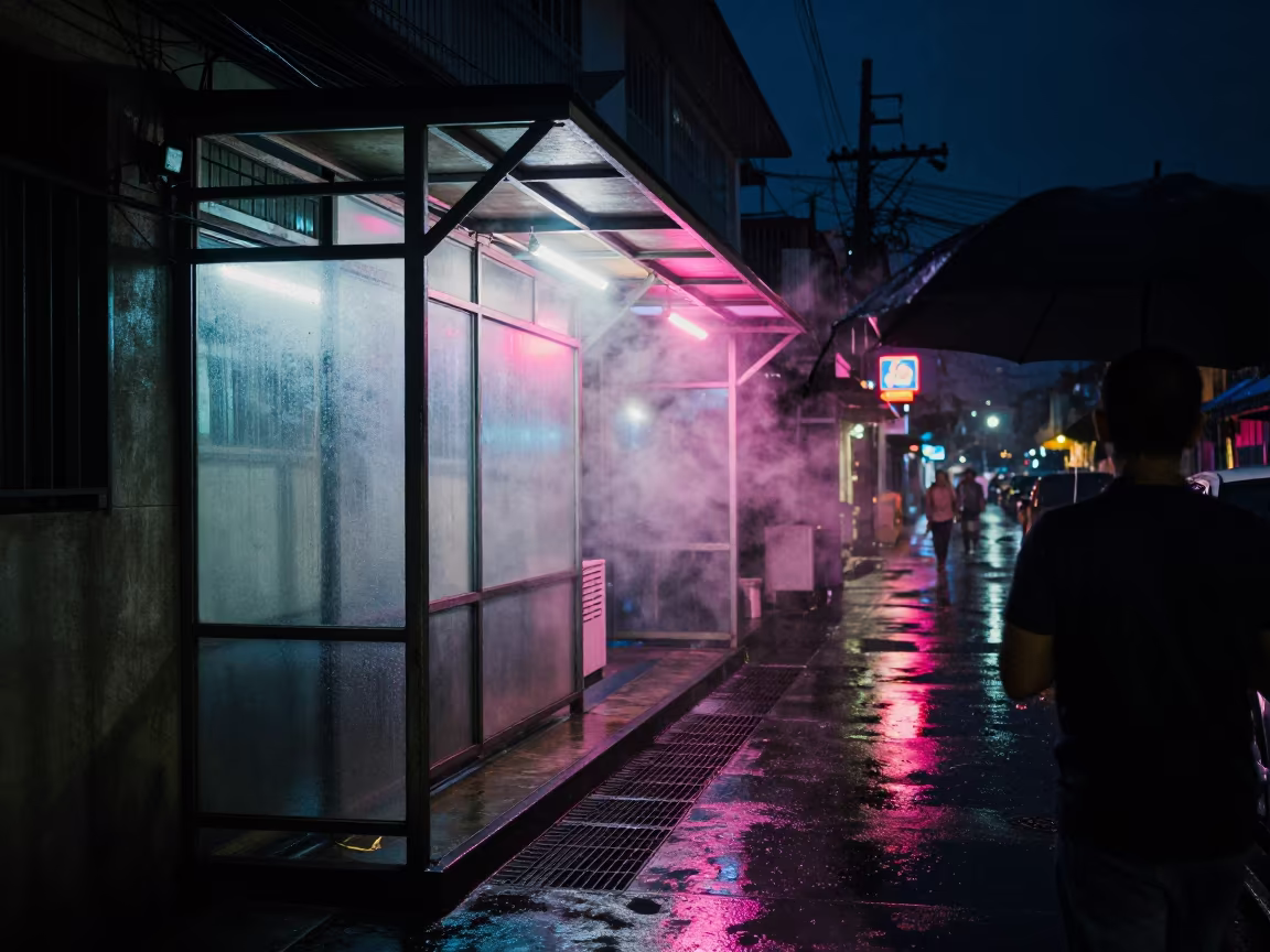 Neon Alley Steam Rising from Grates in beside a steamed-up bus shelter in Rattanakosin, Bangkok