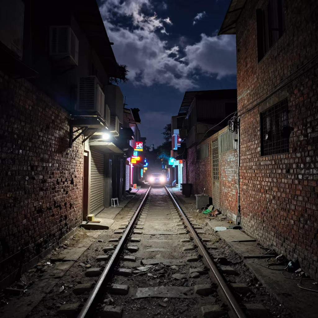 Neon Alley Under Elevated Train Tracks at Night in under an elevated train line in Gujranwala