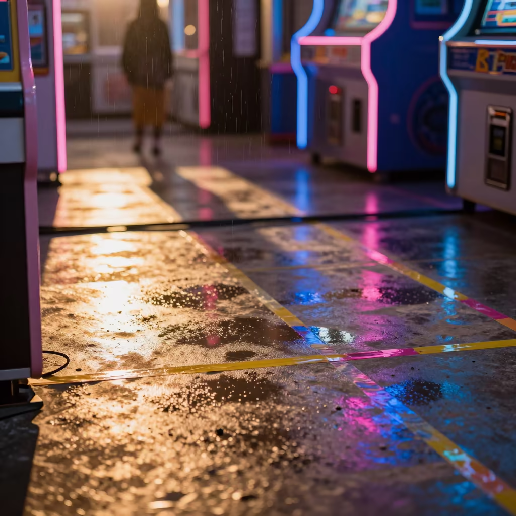 Neon Arcade Floor Tapes Cables Golden Hour in along a neon-lit arcade near Jammu