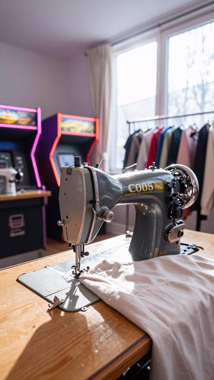 Neon Arcade Sewing Machine Winter Noon in along a neon-lit arcade in Hafizabad