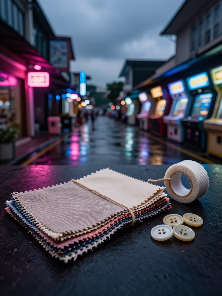 Neon Arcade Textile Swatches and Buttons Midnight in along a neon-lit arcade in Glodok, Jakarta