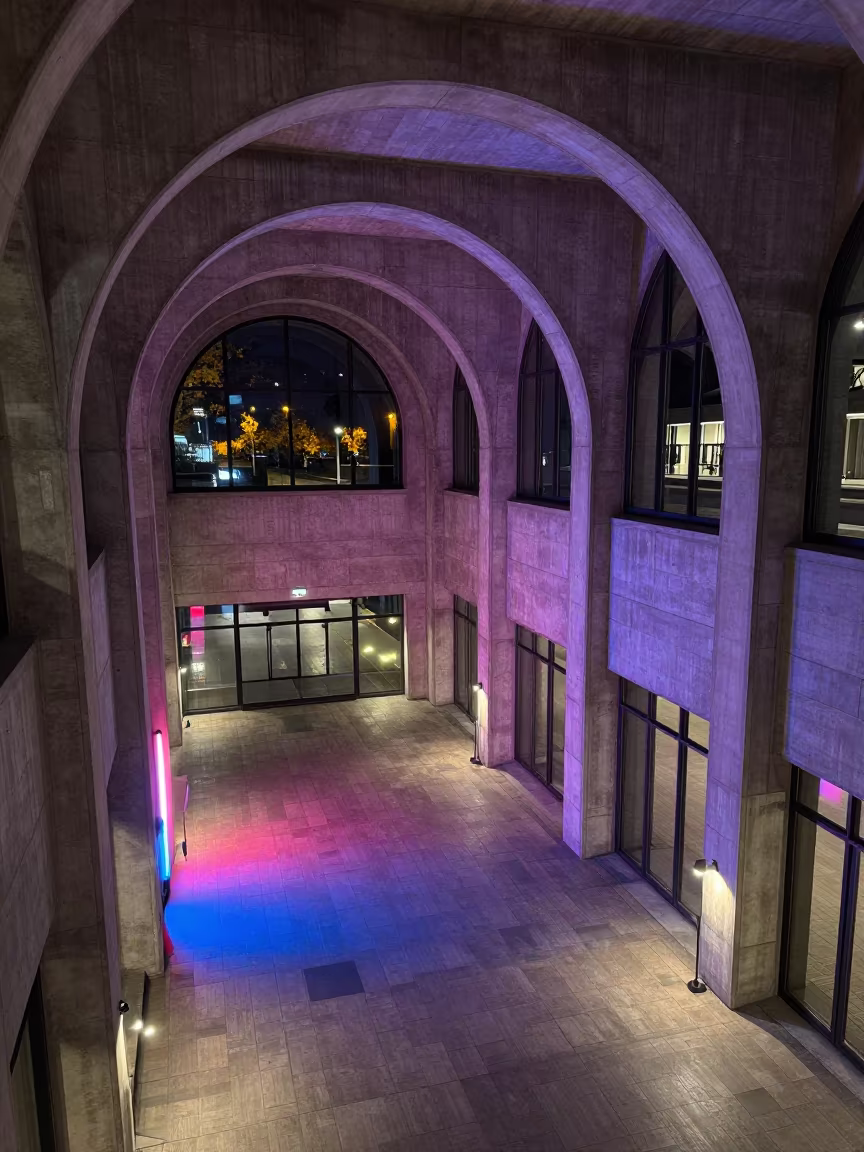 Neon Arches Concrete Lobby Night in inside a ribbed concrete lobby in Kitchener